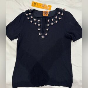 NWT Vintage Tory Burch Navy Short Sleeve Sweater With Beaded Neckline